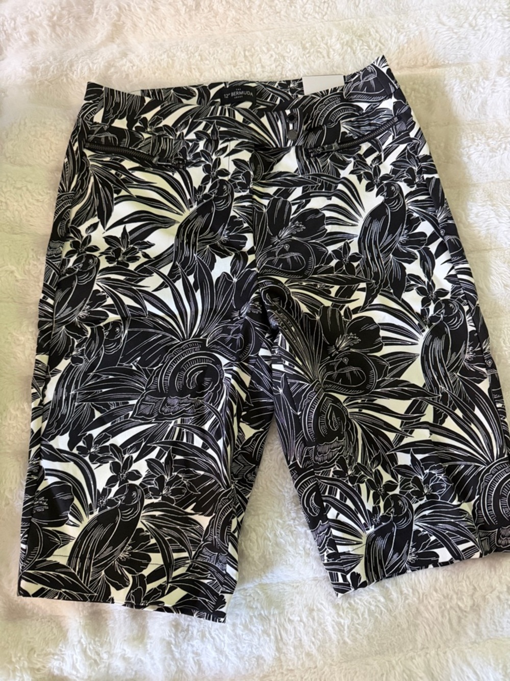 White House Black Market Black and White Tropical Print Bermuda Shorts